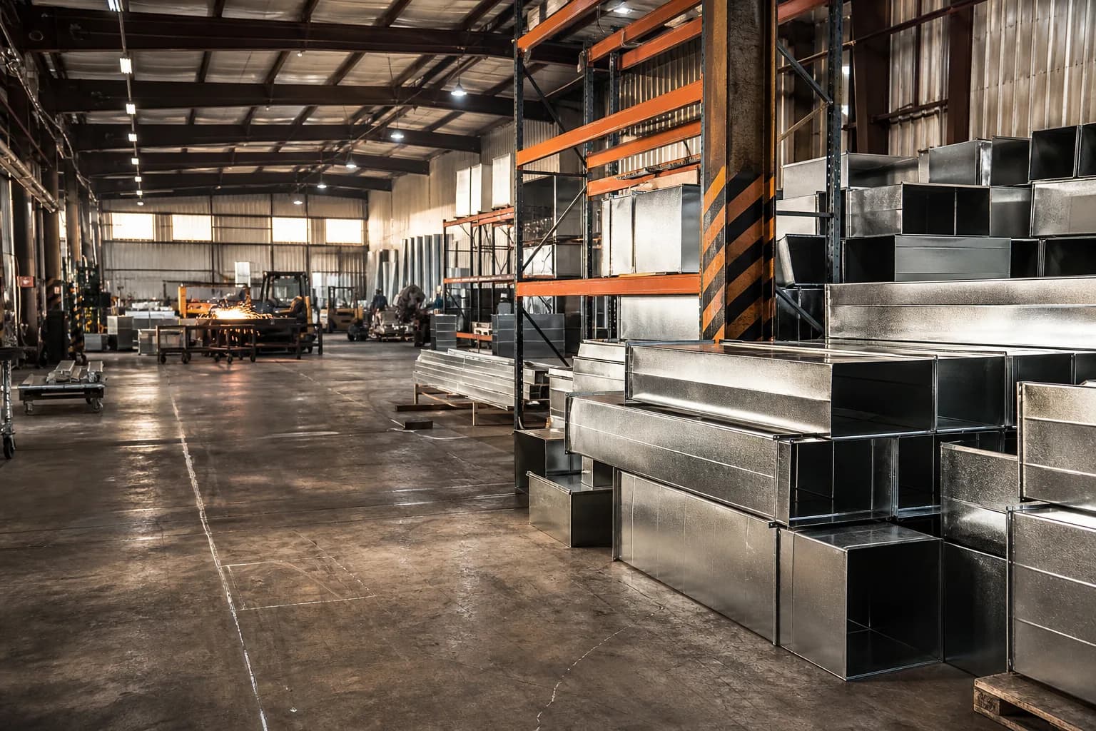 Sheet metal fabrication shop floor with stacked HVAC ductwork